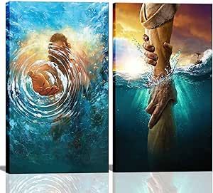 2 Pcs Framed Jesus wall art The Hand of God Jesus Reaching Into Water Christ Religion Canvas Wall Decor Blue Ocean Bible Pictures Posters Prints Paintings for Living Room Bedroom Church Decorations Ready to Hang
