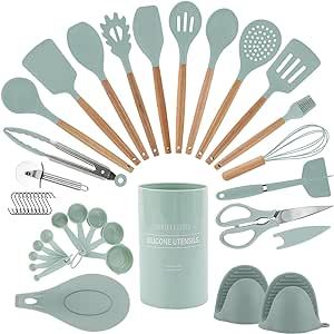 Country Kitchen Cooking Utensils Set - 38 pcs Non-stick Silicone Spatula Set with Holder, Wooden Handles and Heat Resistant Gadgets Utensil