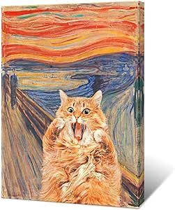 Abstract Edvard Munch Canvas Wall Art Famous Art The Scream Funny Cat Aesthetic Poster Retro Print Paintings Orange Gallery Wall Decor Pictures for Bedroom Living Room 12x16 Inch Unframed