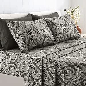 LDC LUX DECOR COLLECTION Bed Sheets - 6 Pc King Size Sheets - High GSM Brushed Microfiber Sheets -Upto 16 Inches Deep Pocket Bedding Sheets & Pillowcases (King, Paisley Grey)