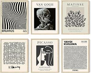 Iknostine Famous Artist Wall Art Prints Set of 6 Matisse Abstract Black Aesthetic Canvas Posters Van Gogh Picasso Paintings Gallery Wall Decor for Bedroom Living Room Bathroom (8"x10" UNFRAMED)