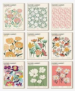Flower Market Posters Set of 9, Minimalist Flower Market Wall Art Prints, Danish Pastel Room Decor Aesthetic, Vintage Flower Pictures Wall Decor, Abstract Canvas Floral Painting for Bedroom, Living Room, Dorm, Bathroom,Gallery|Unframed 8"x10"