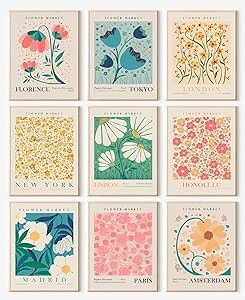 Flower Market Poster Set of 9, Abstract Wall Art Prints, Vintage Colorful Floral Wall Art Decor, Minimalist City & Flower Painting Pictures for Aesthetic Room, Bedroom, Living Room, Gallery, Boho Room Decor(8x10inch, Unframed)