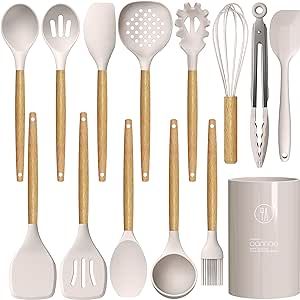 Silicone Cooking Utensils Set - 446°F Heat Resistant Silicone Kitchen Utensils for Cooking,Kitchen Utensil Spatula Set w Wooden Handles and Holder, BPA FREE Gadgets for Non-Stick Cookware (Khaki)