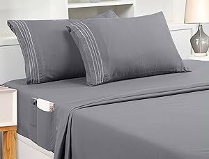 Utopia Bedding Queen Sheet Set – Soft Microfiber 4 Piece Luxury Bed Sheets with Deep Pockets - Embroidered Pillow Cases - Side Storage Pocket Fitted Sheet - Flat Sheet (Grey)