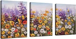 Ardemy Flowers Wall Art Daisy Colorful Canvas Floral Pictures Spring Purple Painting, Landscape Artwork Framed for Living Room Bedroom Bathroom Dinning Room Kitchen Office Home Decor 12"x16"x3 Panels