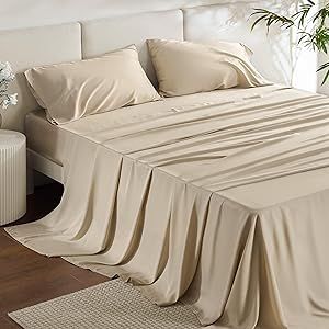 Bedsure Queen Sheets, Rayon Derived from Bamboo, Queen Cooling Sheet Set, Deep Pocket Up to 16", Breathable & Soft Bed Sheets, Hotel Luxury Silky Bedding Sheets & Pillowcases, Tan
