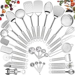 Stainless Steel Kitchen Utensil Set- Fungun 28 Pcs Cooking Nonstick Cookware Set with Spatula - Best Gadgets Tools Kitchen Accessories