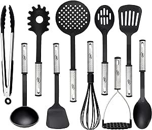 Kitchen Utensils Set, 10 Nylon Stainless Steel Cooking Utensils, Non Stick and Heat Resistant Cookware set New Chef's Gadget Tools Collection