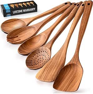 Zulay Kitchen 6-Piece Wooden Spoons for Cooking - Smooth Finish Teak Wooden Utensils for Cooking - Soft Comfortable Grip Wood Spoons for Cooking - Non-Stick Wooden Cooking Utensils - Wooden Spoon Sets