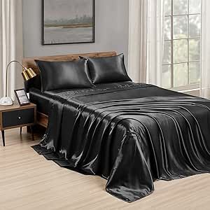 Love's cabin Full Size Satin Sheet Sets Black, Silky Satin Sheet Set Full with Deep Pocket, Luxury Silk Feel Satin Bed Sheets Full Bedding Set 4 Piece (1 Flat Sheet,1 Fitted Sheet,2 Pillow Cases)