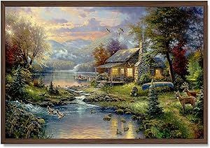 Thomas Kinkade Canvas Painting - Village Prints Pictures Farmhouse Mountain Lake Nature Wall Art for Living Room Bedroom Decor 16x24 Inch Unframed
