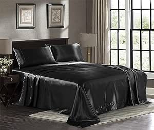 Satin Sheets King [4-Piece, Black] Hotel Luxury Silky Bed Sheets - Extra Soft 1800 Microfiber Sheet Set, Wrinkle, Fade, Stain Resistant - Deep Pocket Fitted Sheet, Flat Sheet, Pillow Cases