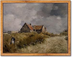 ARPEOTCY Vintage Framed Canvas Print Wall Art, Vintage Landscape Wall Art, Natural Scenery Vintage Wall Decor for Living Room, Office, 8x10in/20x25cm (Cottage in the Dunes)