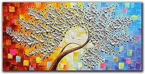 JELRINR 3D Contemporary Art Oil Painting On Canvas Texture silver Flower Tree paintings Canvas Wall Abstract Artwork Home living Room Decor paintings Framed Ready to Hang 24x48inch