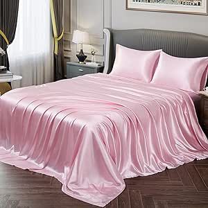 Vonty Satin Sheets Twin Silky Soft Satin Bed Sheets Pink Satin Sheet Set, 1 Deep Pocket Fitted Sheet + 1 Flat Sheet + 1 Pillowcases