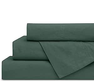 Linen Home Washed Cotton Percale Queen Sheet Set, Dark Olive, Deep Pocket, 4 Pieces Bed Sheets - 1 Flat Sheet, 1 Fitted Sheet & 2 Envelope Closure Pillowcases, Cool and Comfortable Bed Linen