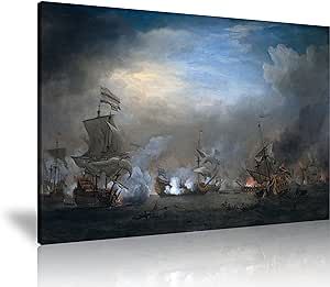 NAN Wind Modern Ship Battle Pirate Ship Decor Picture Landscape Wall Decor Pirate Ship Paintings on Canvas Framed Ready to Hang for Home Decor Bedroom Decor (12X16inch)