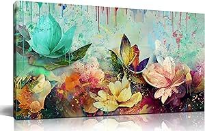 GUGIKA Flower Canvas Wall Art for Living Room, Colorful Floral Wall Decor for Bedroom, Watercolor Lotus Painting, Print Picture Decoration Gift for Girl, Size 40x20 Inch