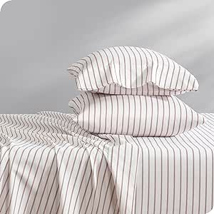 Bare Home Queen Sheet Set - Luxury 1800 Ultra-Soft Microfiber Queen Bed Sheets - Double Brushed - Deep Pockets - Easy Fit - 4 Piece Set - Bed Sheets (Queen, Ticking Stripe - White/Burgundy)