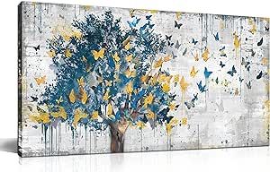 Kepgonegu Large Canvas Wall Art Blue Tree Golden Butterflies Picture Abstract Grey Graffiti Canvas Prints Ready to Hang for Living Room Bedroom Size 20x40