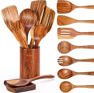 Mooues 9 Piece Wooden Spoons for Cooking, Wooden Utensils for Cooking with Utensils Holder, Natural Teak Wooden Kitchen Utensils Set with Wooden Spoon Rest, Comfort Grip
