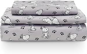 Berkshire Blanket Peanuts® Kids Sheet Set Twin Size - 3 Piece,Cute Character Snoopy Printed Soft Microfiber Bed Sheets,Peanuts Mini Poses and Paws Sheet Scale Grey