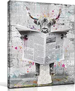 GUGIKA Highland Cow Canvas Wall Art for Bathroom, Funny Graffiti Bedroom Wall Decor, Black and White Painting for Living Room, Restroom Picture, 12x16 Inch